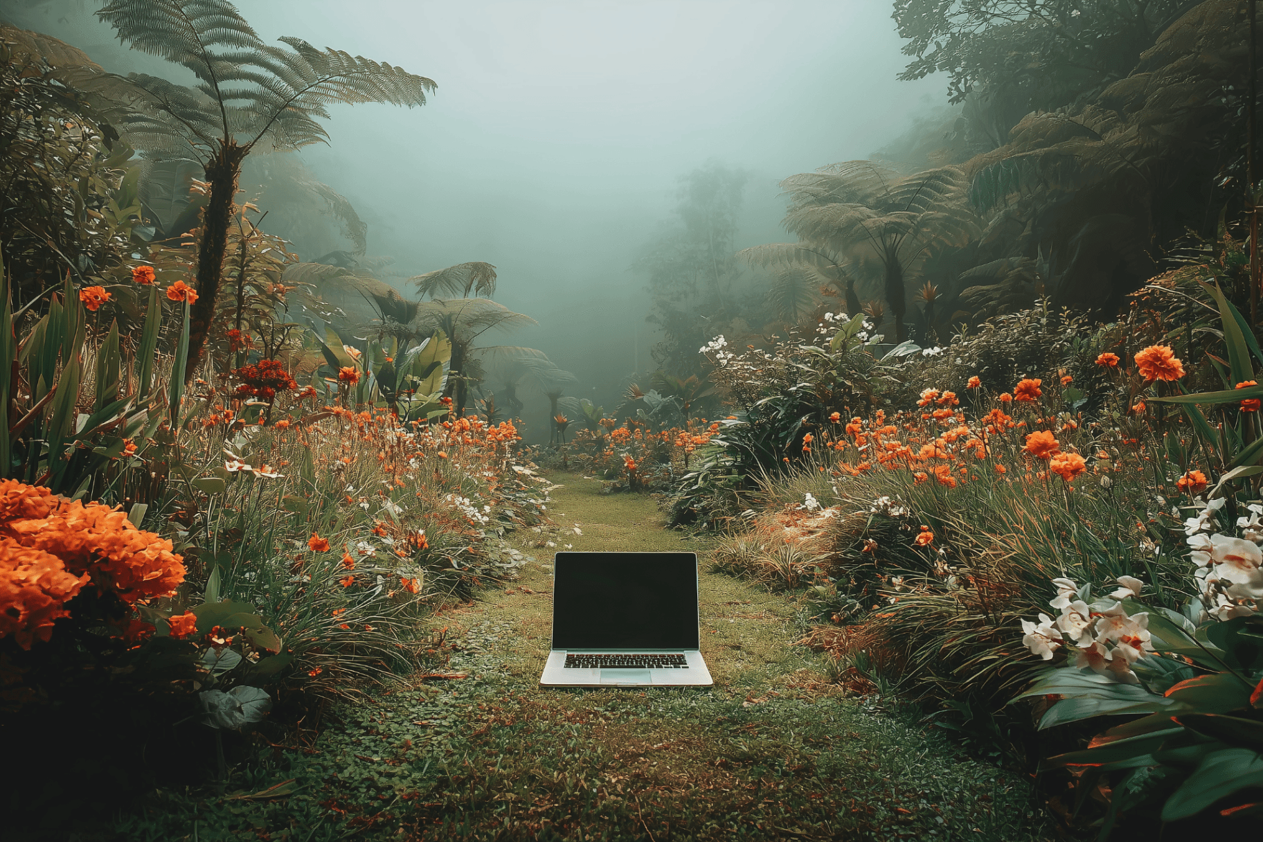 Laptop auf einem Gartentisch zeigt ein modernes Webdesign-Projekt