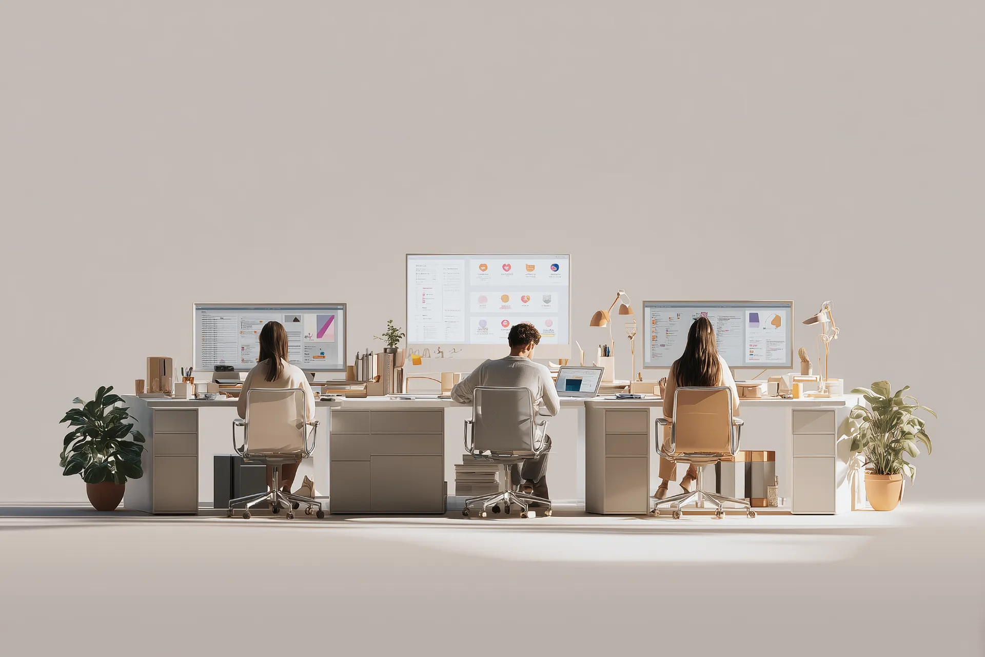 Drei Personen arbeiten an modernen Arbeitsplätzen mit großen Bildschirmen - symbolisch für den Vergleich von Lovable, Base44 und Bolt