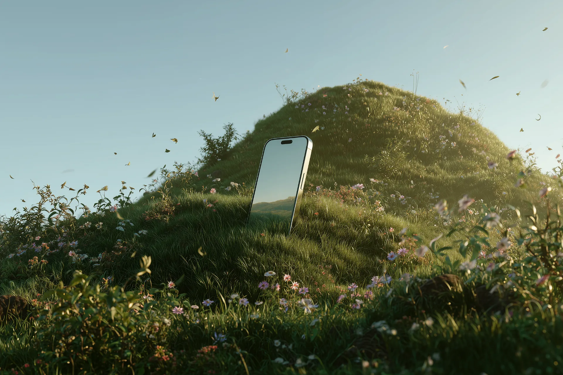 Smartphone auf grünem Hügel mit Wildblumen - symbolisiert digitale Präsenz in natürlicher Umgebung